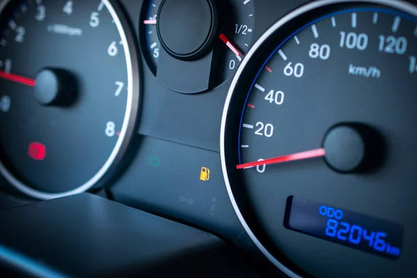 Fuel car gauge empty. Petrol tank meter car indicator on dashboard. Low gasoline level. Empty fuel gas gauge