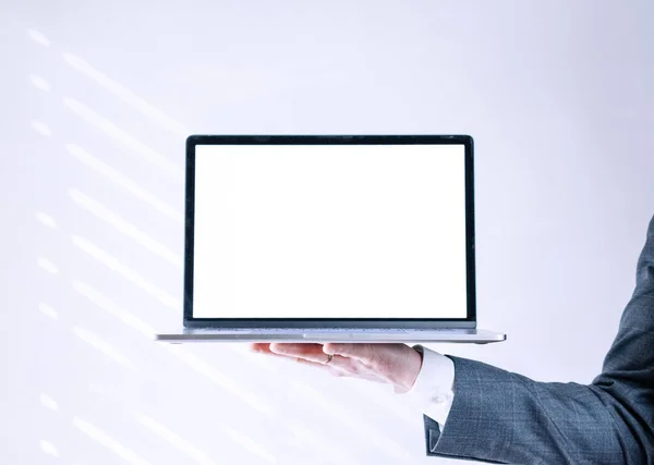 Business man computer screen. Businessman holding notebook. Empty blank mockup laptop screen on white background. Monitor template for mock up