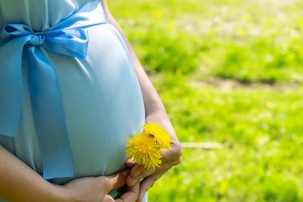 Těhotenství Příroda Žena Chůze Šťastná Matka Letním Parku Dětské Břicho — Stock fotografie