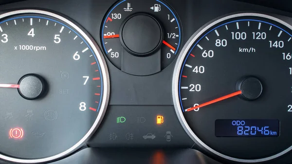 Gas gauge fuel empty. Petrol tank meter car indicator on dashboard. Low gasoline level. Fuel gauge gas