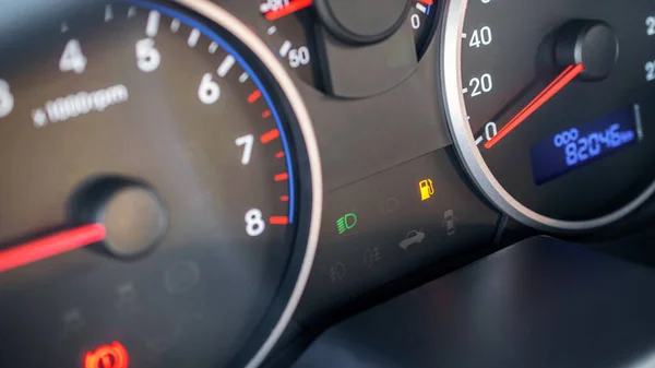 Fuel gauge gas empty. Car tank low petrol meter indicator on dashboard. Gas gauge fuel level