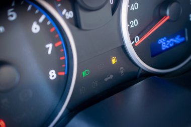Fuel car gauge empty. Petrol tank meter car indicator on dashboard. Low gasoline level. Empty fuel gas gauge