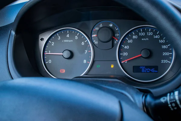 Empty fuel gas gauge. Car tank low petrol meter indicator on dashboard. Fuel car gauge empty