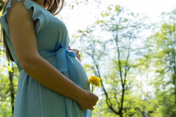怀孕的女人走路 怀孕的自然会走路 夏天公园里的母亲快乐 小腹怀孕活动 — 图库照片