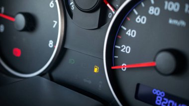 Gas gauge fuel empty. Petrol tank meter car indicator on dashboard. Low gasoline level. Fuel gauge gas