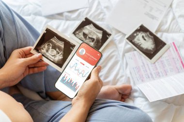 Hamilelik akıllı telefon uygulaması. Elinde akıllı telefon tutan hamile bir kadın. Taşınabilir hamilelik çevrimiçi annelik başvurusu. Gebelik, gebelik, doğum