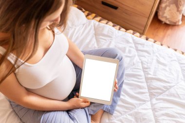 Hamilelik testi modeli. Taşınabilir hamilelik çevrimiçi annelik başvurusu maketi. Hamile anne telefon kullanıyor. Hamilelik kavramı, annelik, bebek doğumu beklentisi