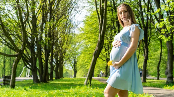 怀孕的自然女人走路 夏天公园里的母亲快乐 小腹怀孕走路的天性 概念孕产 — 图库照片