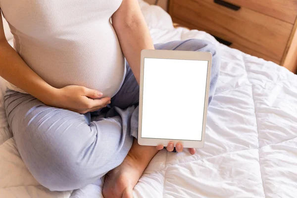 Schwangerschafts Attrappe Schwangere Mit Smart Tablet Mobile Schwangerschafts Online Bewerbungen — Stockfoto
