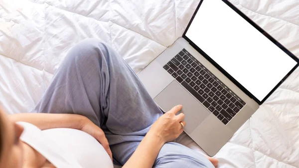 Pregnancy mockup app laptop. Mobile pregnancy online maternity notebook application. Pregnant mother using notebook mock up. Pregnancy, medicine, pharmaceutics, health care and people concept