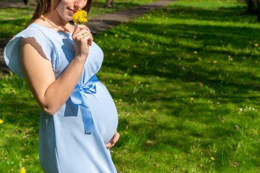 Sağlıklı Hamile Kadın. Yaz parkında mutlu annelik anneleri. Bebek göbeği. Yürüyen hamile doğası. Hamilelik kavramı, annelik, beklenti