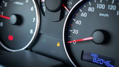 Gas gauge fuel empty. Petrol tank meter car indicator on dashboard. Low gasoline level. Fuel gauge gas