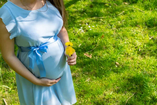 Healthy Pregnancy woman. Happy maternity mother in summer park. Baby belly. Pregnant walking nature. Concept of pregnancy, maternity, expectation