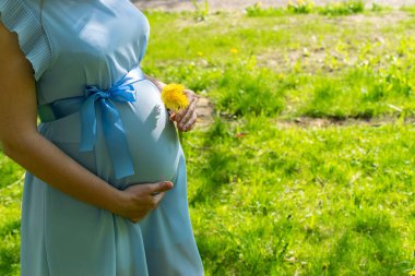 Hamilelik aktivite kadını. Yürüyen hamile doğası. Yaz parkında mutlu annelik anneleri. Bebek göbeği. Sağlıklı Hamilelik