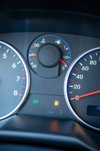 Empty fuel gas gauge. Car tank low petrol meter indicator on dashboard. Fuel car gauge empty