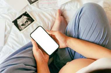 Hamilelik modeli uygulaması. Taşınabilir hamilelik çevrimiçi annelik başvurusu. Hamile anne telefon modeli kullanıyor. Hamilelik, ilaç, eczacılık, sağlık ve insan konsepti