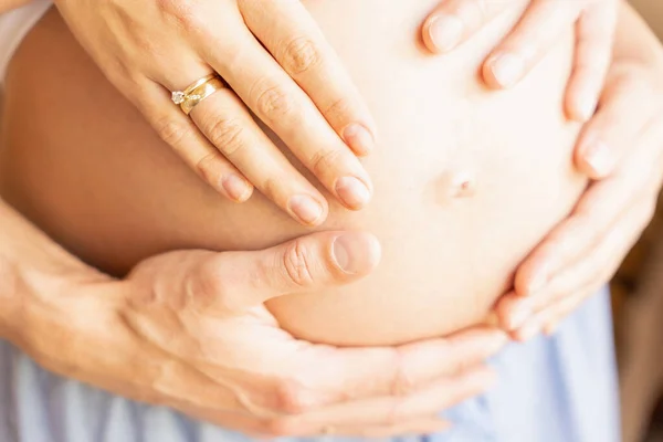 Pregnant Belly Hands Happy Pregnancy Woman Husband Hugging Pregnant Belly — Stockfoto