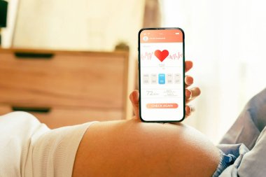 Hamilelik akıllı telefon uygulaması. Elinde akıllı telefon tutan hamile bir kadın. Taşınabilir hamilelik çevrimiçi annelik başvurusu. Gebelik, gebelik, doğum