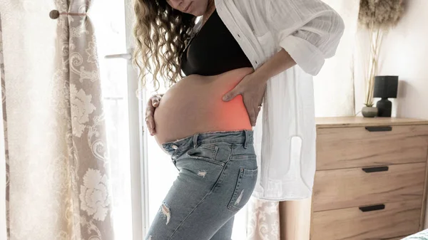 Беременная Боль Спине Красивая Беременная Женщина Страдает Боли Спине Боль — стоковое фото