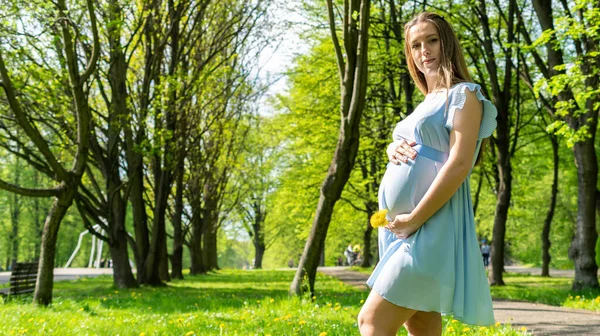 Embarazo Naturaleza Mujer Caminar Feliz Madre Maternidad Parque Verano Vientre — Foto de Stock