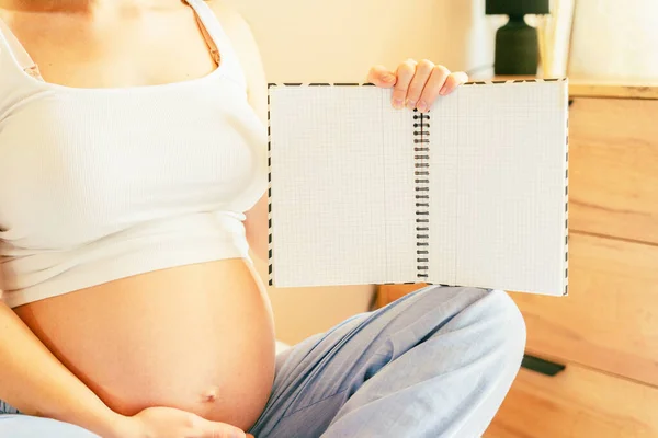 Graviditet Lista Kvinna Skriver Vacker Gravid Kvinna Skriver Checklista Glad — Stockfoto