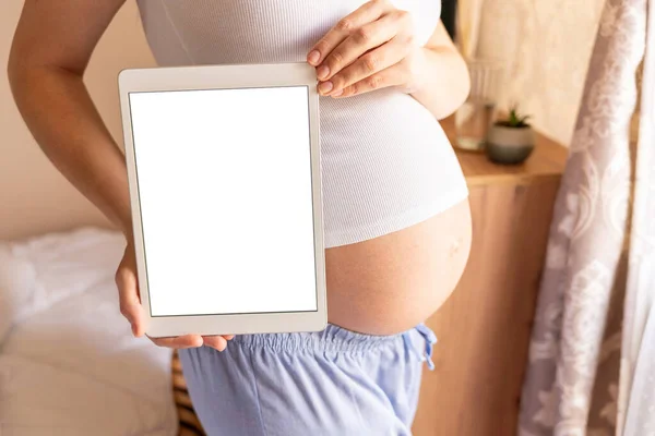 Terhességi Álruha Bemutató Terhes Kezében Okos Tabletta Mobil Terhesség Online — Stock Fotó