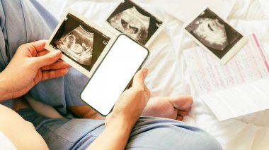 Hamilelik modeli görüntüsü. Elinde akıllı telefon tutan hamile bir kadın. Taşınabilir hamilelik çevrimiçi annelik başvurusu maketi. Gebelik, gebelik, doğum
