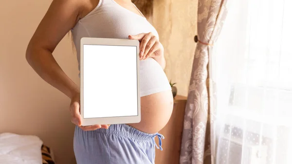 Cyfrowa Makieta Ciążowa Ciężarna Kobieta Trzymająca Inteligentny Tablet Mobilna Ciąża — Zdjęcie stockowe