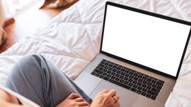 Hamilelik dijital laptop ekranı. Elinde boş dizüstü bilgisayar olan hamile bir kadın. Taşınabilir hamilelik çevrimiçi annelik başvurusu. Hamilelik kavramı, annelik, bebek doğumu beklentisi