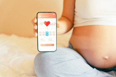 Hamilelik akıllı telefon uygulaması. Elinde akıllı telefon tutan hamile bir kadın. Taşınabilir hamilelik çevrimiçi annelik başvurusu. Gebelik, gebelik, doğum