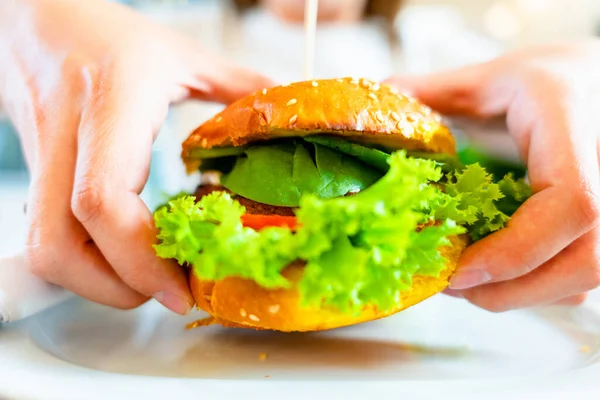 Vegan Sandwich Healthy Vegetarian Burger Cute Cheerful Girl Eating Veggie — Stock Photo, Image