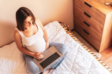 Hamile bilgisayarı. Elinde dijital laptop tutan hamile bir kadın. Taşınabilir hamilelik çevrimiçi annelik başvurusu. Hamilelik kavramı, annelik, bebek doğumu beklentisi