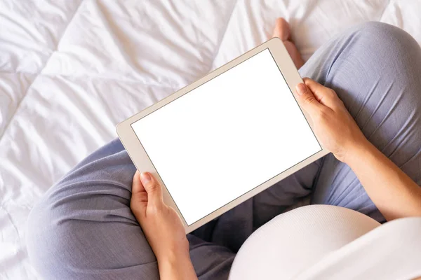 Schwangerschaft Digitaler Tablet Bildschirm Schwangere Hält Tablet Attrappe Hoch Mobile — Stockfoto
