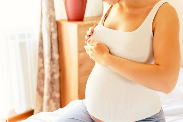 Breast Self Exam Pregnancy Woman Check Happy Young Pregnant Woman — Stock Fotó
