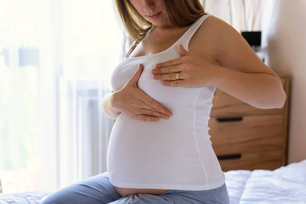 Breast Self Exam Pregnancy Woman Check Happy Young Pregnant Woman — Stock Fotó