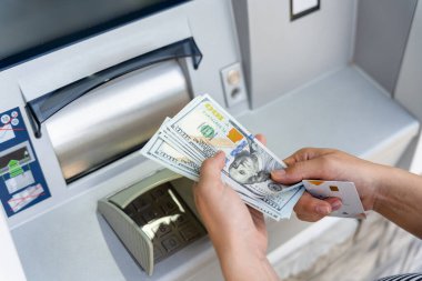 Atm cash machine money. Woman withdraw money dollar bill. Holding american hundred cash. Money dollar, bank credit card