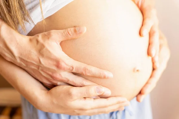 Pregnant belly hands. Happy pregnancy woman and husband hugging pregnant belly. Concept maternity, pregnancy, childbirth