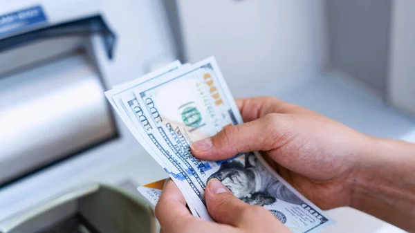 Atm cash machine money. Woman withdraw money dollar bill. Holding american hundred cash. Money dollar, bank credit card