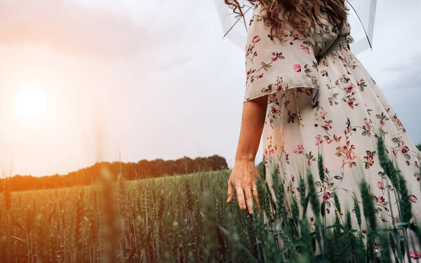 Hand wheat field. Young woman on cereal field touching ripe wheat spikelets by hand in sunset. Nature, summer holidays, agriculture concept