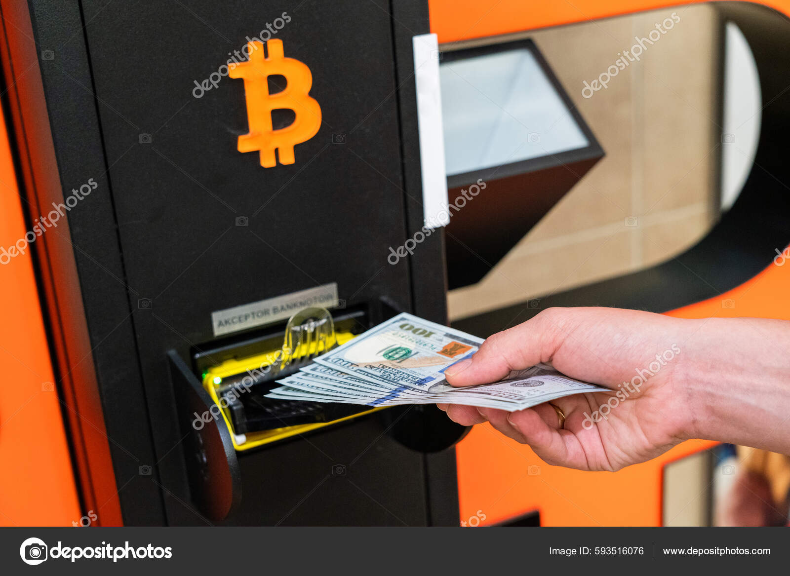 Atm Bitcoin Cryptocurrency Machine Woman Withdraw American Dollar Bill Cash  — Stock Photo © Mvelishchuk #593516076