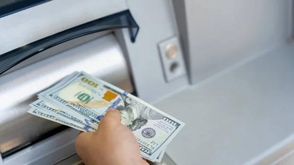 Atm cash machine money. Woman withdraw money dollar bill. Holding american hundred cash. Money dollar, bank credit card