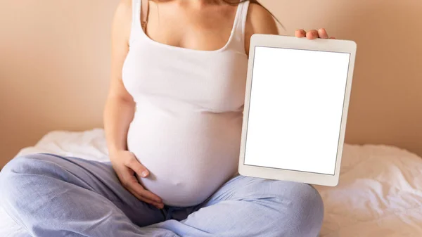 Terhesség Digitális Tabletta Képernyő Terhes Okos Táblagéppel Gúnyolódik Mobil Terhesség — Stock Fotó