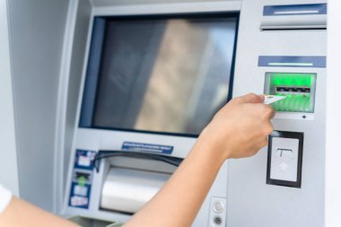 Atm machine screen. Holding american bill cash. Woman withdraw money usd hundred dollar. Money stack, bank credit card