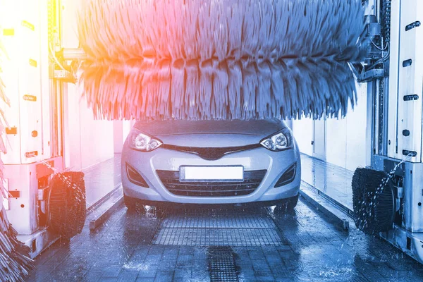 Car Wash Background Automatic Carwash Brush Washer Clean Blue Auto — 스톡 사진