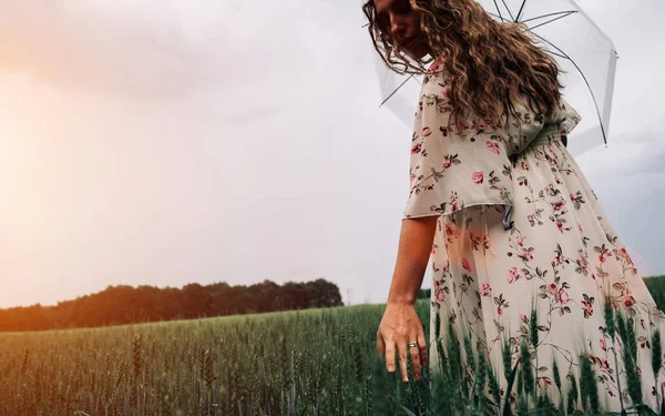 Hand Wheat Field Young Woman Cereal Field Touching Ripe Wheat — Stock Photo, Image