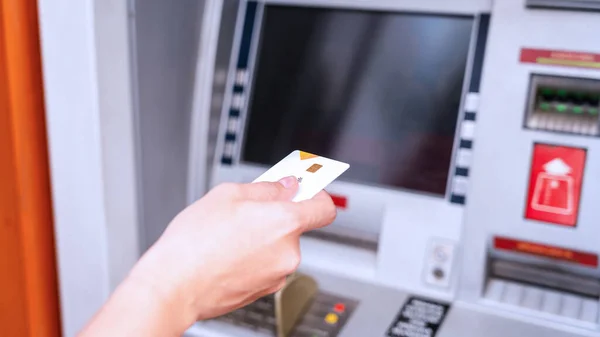 Atm Cash Machine Money Bank Credit Card Holding Hand Withdraw — Zdjęcie stockowe