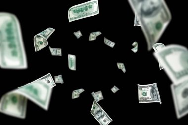 Para yığını. Amerika 'nın yüz doları. Düşen para izole edilmiş, faturalar siyah arka plan