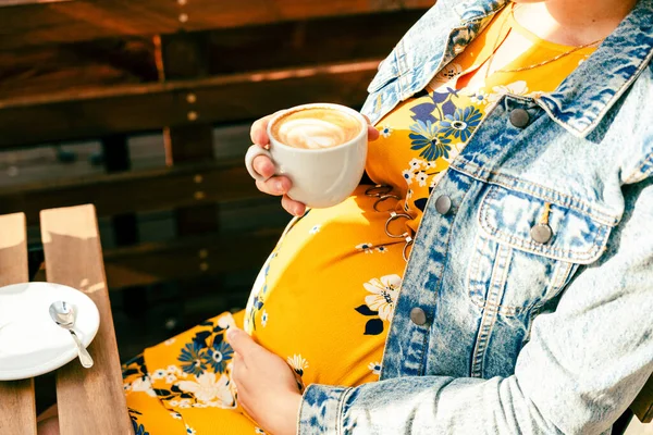 Pregnant Woman Coffee Drink Lifestyle Morning Happy Pregnancy Girl Drink — Stock Photo, Image