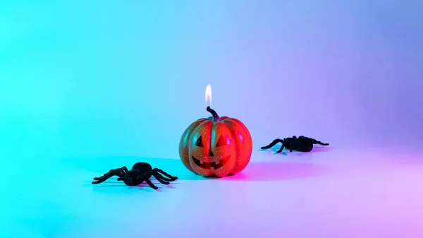 Halloween Banner Scary Spooky Pumpkin Black Night Spider Night Neon — 图库照片