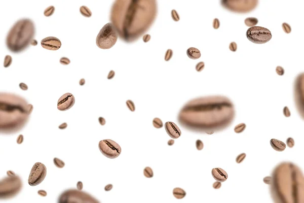 Coffee beans fall background. Black espresso coffee bean falling. Aromatic grain flying isolated on white. Concept for coffee product advertising